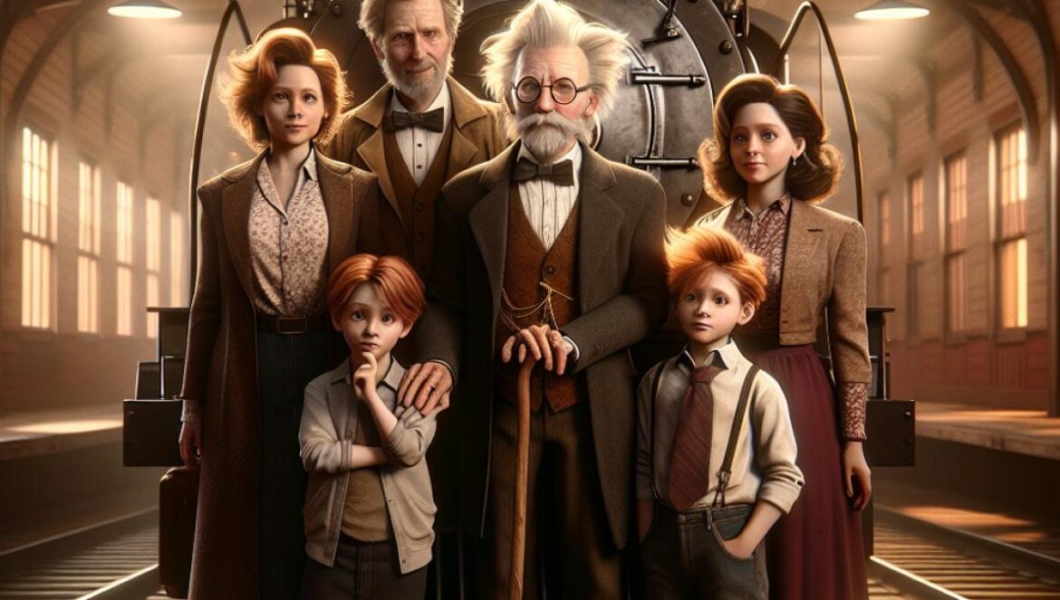 Volver al Futuro III: el gesto de Verne que aún nos persigue (y lo que dice del fandom) A photorealistic editorial image of the final scene from 'Back to the Future III': a vintage steam locomotive converted into a time machine, with Doc Brown, his wife Clara, and their sons Jules and Verne centered on the platform. Verne is making a mysterious hand gesture, pointing towards himself while looking at the camera. The mood is nostalgic yet enigmatic, with warm lighting evoking a sense of farewell and mystery. The main subjects are clearly centered and in sharp focus, with subtle background details referencing the Old West and 1980s elements.