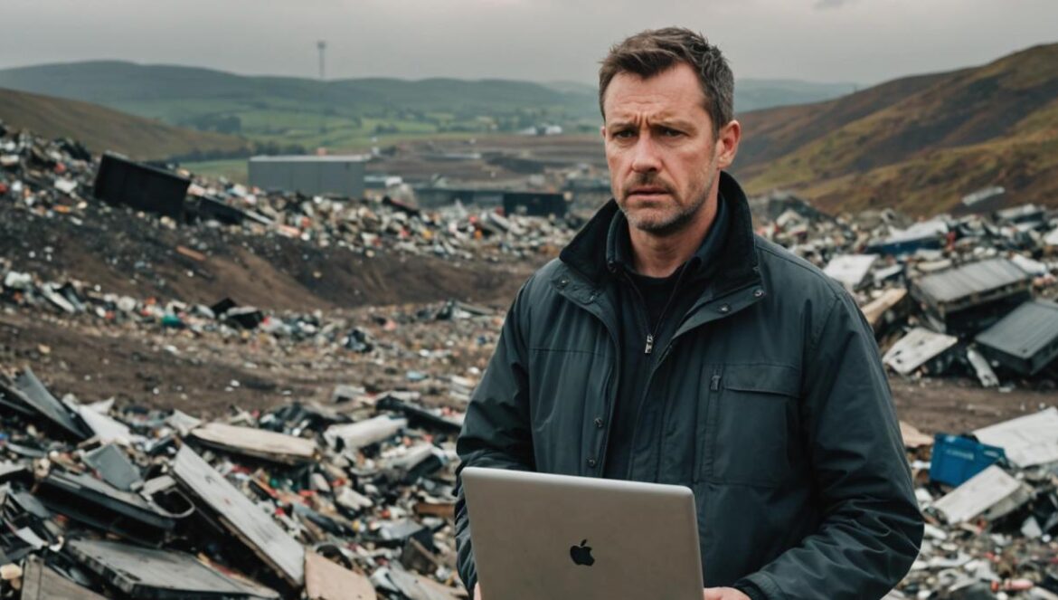 El hombre que perdió 8.000 bitcoins: la historia real que aterra al mundo tech A focused, realistic editorial photo of a frustrated man in his early 40s, standing in front of a massive landfill in Wales, holding a faded laptop and looking determined. The main subject is well-centered and sharply in focus. In the background, heaps of trash, scattered electronics, and distant misty hills are visible under cloudy skies. The mood is tense yet hopeful, with natural lighting highlighting the man's expression. Editorial style for a tech story.