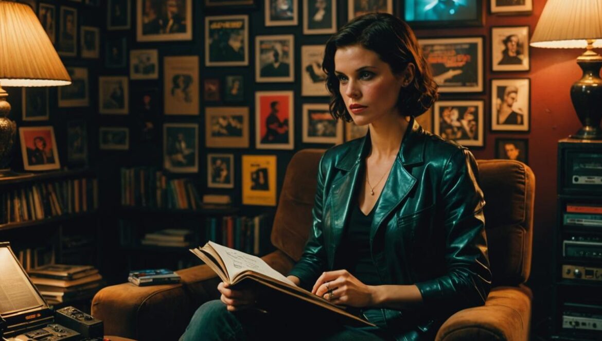 Blade Runner se va de Prime Video: por qué sigue marcando a toda una generación A moody editorial-style photograph of a cinephile woman in her thirties, seated on a vintage armchair in a dimly-lit room filled with vinyl records, classic movie posters (including Blade Runner), and stacks of books. She holds a notebook, scribbling notes while watching Blade Runner projected on a wall. Neon reflections illuminate her thoughtful expression. Main subject well-centered and in sharp focus, atmospheric lighting, cozy yet urban vibe.