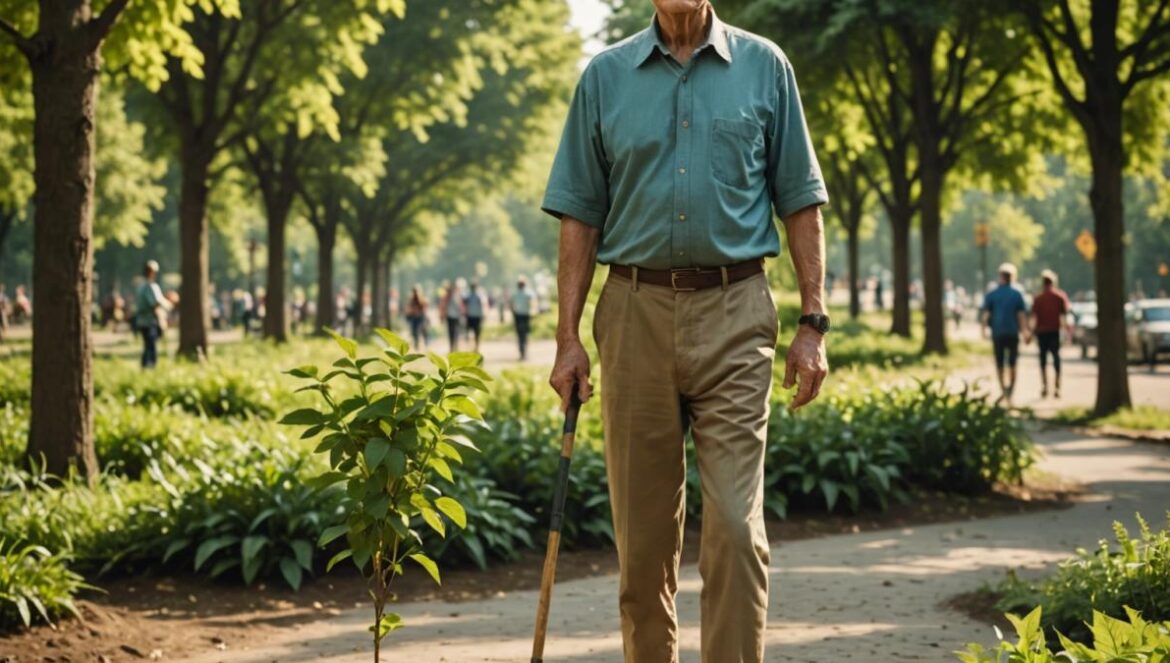 El hombre que plantó 41,000 árboles en São Paulo y nos enseñó a sanar desde la tierra A determined elderly man in casual clothes stands at the center of a lush urban park, holding a young tree sapling and a spade, surrounded by thousands of newly planted trees and diverse greenery. Photorealistic editorial style, golden afternoon light highlights the vibrant foliage, children playing and cyclists in the background, city skyline visible but softened by the greenery. The man is well-centered and in sharp focus, emanating hope and quiet pride.