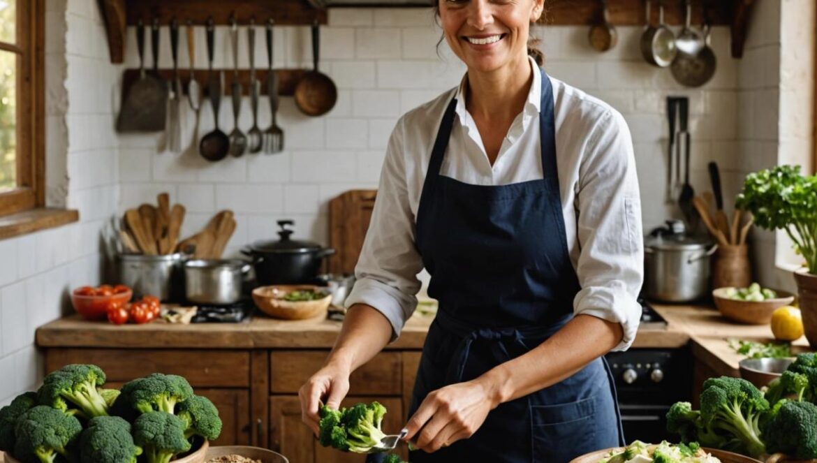 Brócoli y repollo sin gases: trucos caseros que nadie te cuenta A photorealistic editorial-style image showing a vibrant Andalusian kitchen scene. Centered on a rustic wooden table, there are fresh broccoli and cabbage being carefully prepared by a smiling female chef with olive skin and dark hair, wearing an apron. Next to the vegetables, there are bowls with ginger slices and fennel seeds, plus a steaming pot. The kitchen has lots of natural light, aromatic herbs in pots, and traditional Andalusian ceramic tiles. The mood is warm and inviting; everything is well-lit with the main subject—the chef preparing the vegetables—centered and in sharp focus.