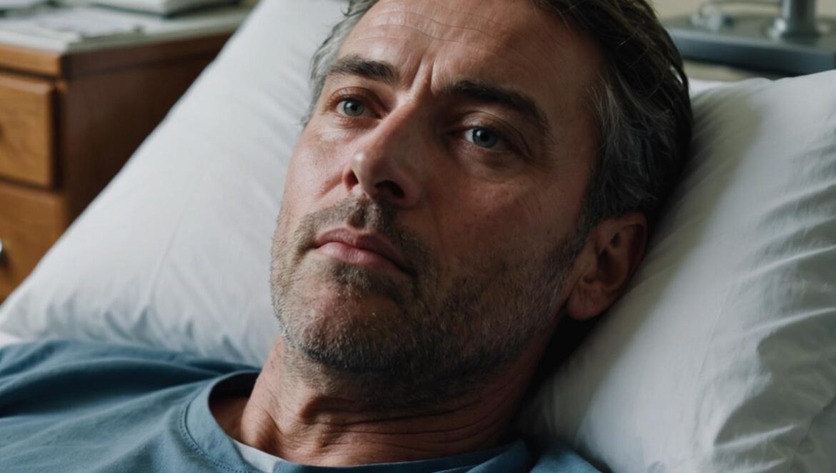 La Escafandra y la Mariposa: el biopic que reinventó cómo sentimos el cine A close-up of a man's face, lying in a hospital bed, one eye wide open and intense, the other half-closed; medical equipment subtly in the background; photorealistic editorial style with soft morning light streaming through a window; a notebook and pen at his bedside; the main subject sharply centered and in focus, evoking introspection and resilience.