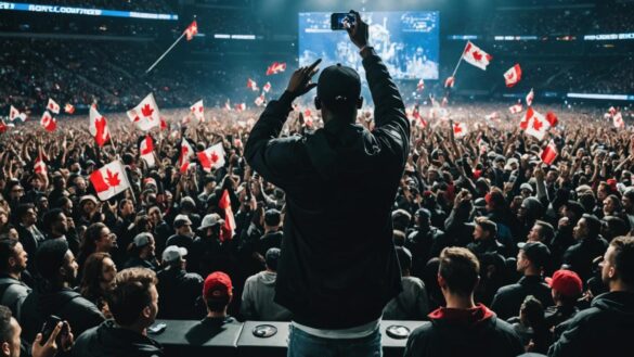 A crowded hip-hop concert at Toronto's Rogers Centre, photorealistic editorial style, passionate fans waving Canadian flags and OVO owl merch in the air, moody lighting with spotlights on stage, a well-dressed politician in the center of the crowd glancing at his phone, tense yet celebratory vibe, main subjects centered and in sharp focus, clean background highlighting the energy of the scene.