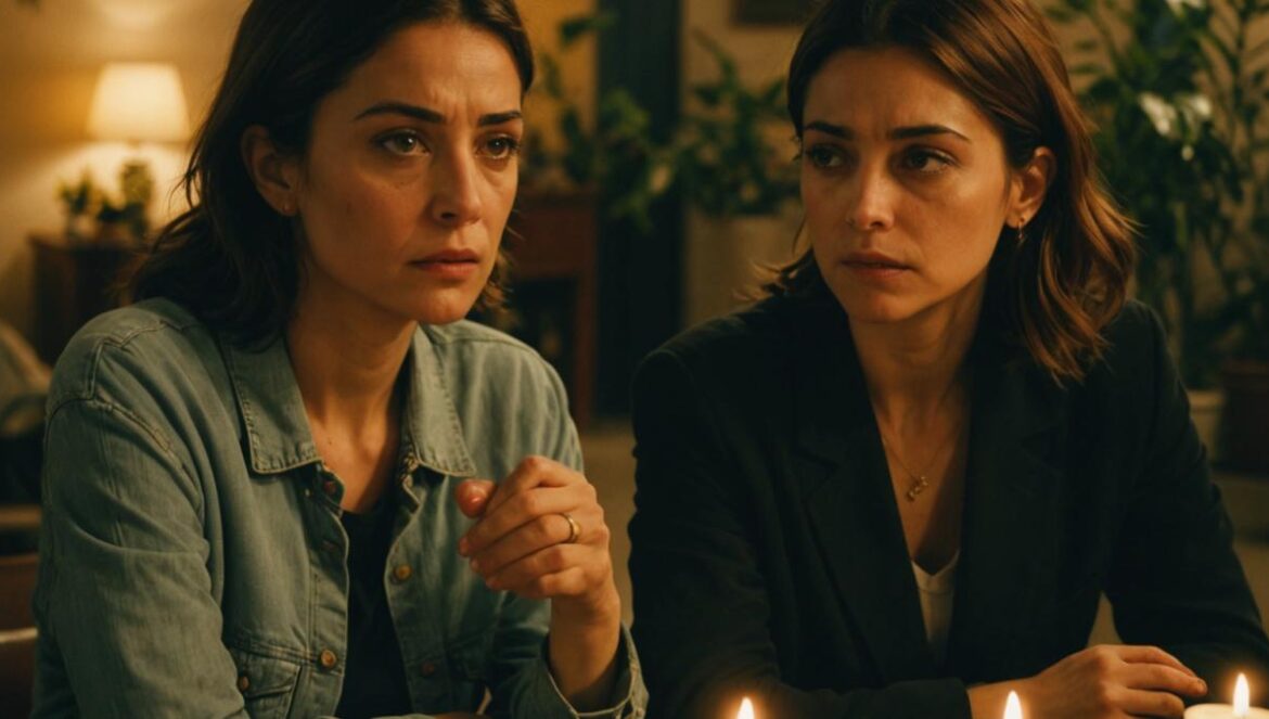 Bahar toma la decisión más dura en Fuerza de Mujer A tense scene from a Turkish drama series, focusing on two women in an emotional confrontation inside a softly lit apartment, photorealistic editorial style, one woman looks conflicted and compassionate while the other appears distressed, lush plants and subtle candles in the background, center-focused composition with both faces clearly visible and well-lit, warm atmosphere highlighting emotional intensity.