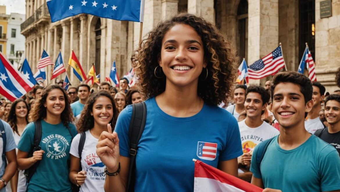 Puerto Rico y España: ¿realidad o nostalgia viral lo de la comunidad 18? A photorealistic editorial-style image of Puerto Rican and Spanish youth in San Juan, holding flags of both Puerto Rico and Spain, gathered in a lively plaza with colonial architecture. The main group is centered and smiling, showing diverse emotions—curiosity, pride, skepticism—under warm daylight. Details include smartphones streaming live, graffiti referencing identity, and a backdrop of old San Juan’s vibrant streets.