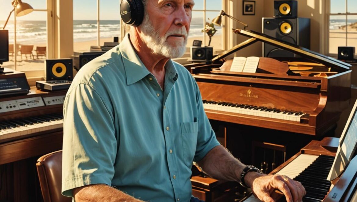 Adiós a Brian Wilson: el genio que reinventó el pop (y nunca dejó de emocionar) A photorealistic editorial image of an elderly Brian Wilson, seated at a grand piano surrounded by vintage recording equipment, golden California sunlight streaming through large studio windows. The setting evokes both nostalgia and creativity, with iconic Beach Boys vinyls and surfboards in the background. Brian is centered, focused and reflective, gentle smile, wearing headphones. Clean, warm lighting, the main subject sharply in focus.