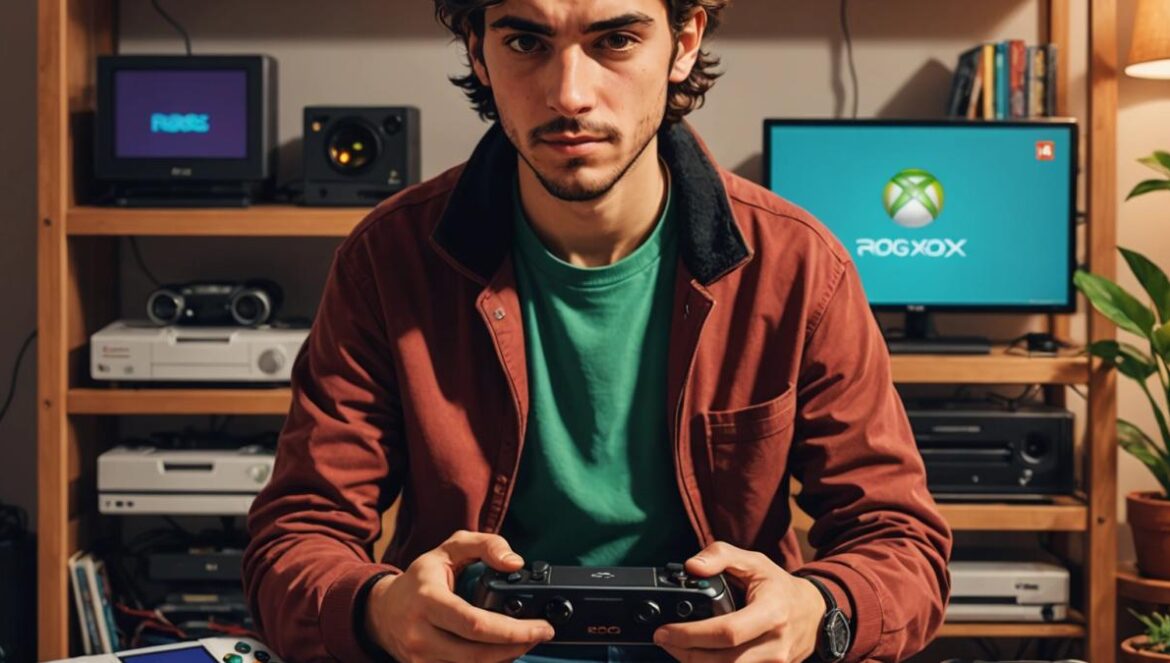 A young Spanish indie game developer, surrounded by retro and modern consoles in a cozy apartment, holding a handheld gaming device (ROG Ally) while glancing thoughtfully at an Xbox controller on the table; photorealistic editorial style, warm natural lighting, shelves with classic game boxes in the background, main subject well-centered and sharply focused, creating an atmosphere of curiosity and tech passion.