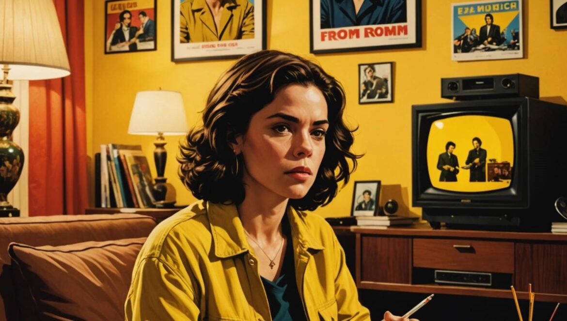A photorealistic editorial image of a cozy Madrid living room, center-focused on a woman in her 30s with short brown hair, surrounded by classic movie posters and vinyl records. She is absorbed in watching a large screen showing Benicio Del Toro as Che Guevara from Soderbergh’s film. The room is warmly lit with soft yellow light, books and notebooks scattered on the coffee table, evoking passion for film criticism. The main subject is clearly centered and in sharp focus, background details include subtle references to Cuban and Bolivian landscapes on posters.