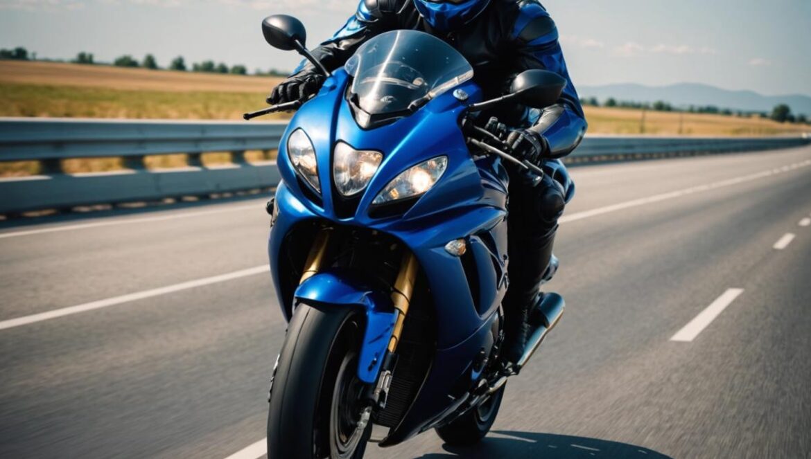 Suzuki Hayabusa: la moto que rompió el pacto secreto japonés y sigue siendo leyenda en 2025 A powerful Suzuki Hayabusa motorcycle at full speed on an open highway, photorealistic editorial style, dynamic motion blur with the bike sharply centered and in focus, vivid metallic colors reflecting sunlight, rider in aerodynamic gear, dramatic sky and road stretching into the horizon, modern and bold atmosphere.