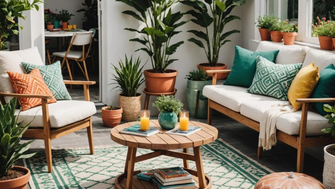 De patio gris a oasis zen: cómo transformar tu rincón exterior sin gastar mucho A cozy and luminous outdoor patio transformed into a vibrant living room, photorealistic editorial style, natural sunlight filtering through white-painted walls, geometric-patterned light rug at the center, comfortable seating with colorful cushions, green potted plants, decorative details like candles and books on the table, cheerful atmosphere, main area well-centered and in sharp focus.