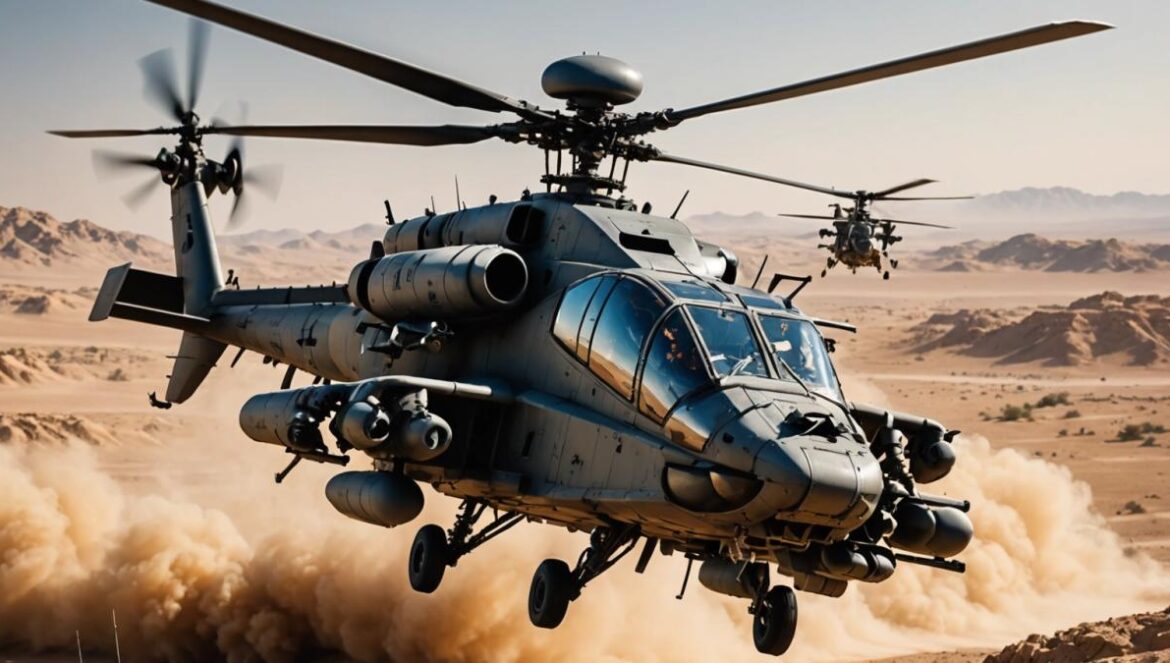 El talón de Aquiles de la Cúpula de Hierro: drones low-cost que ponen en jaque millones An Israeli Apache AH-64 'Saraf' attack helicopter flying at low altitude over a desert landscape, center-focused, in sharp detail. The helicopter is targeting a small propeller drone (Shahed) visible in the foreground, with clear sunlight illuminating both aircraft. Editorial photorealistic style, tense atmosphere, advanced targeting system visible on the pilot's helmet, with military radar equipment in the background and dust kicked up by rotor blades. Clean background with distant urban structures barely visible.