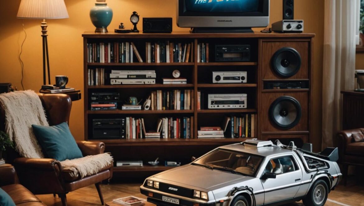 A classic living room scene in Madrid, photorealistic editorial style, centered on a vintage television set playing 'Back to the Future' with a glowing DeLorean scene, cozy evening lighting, shelves filled with vinyl records and movie posters in the background, a notebook with handwritten notes and a cup of coffee on the coffee table, creating a nostalgic yet vibrant atmosphere. Main subject (the TV screen with the film's iconic scene) is sharply focused at the center.