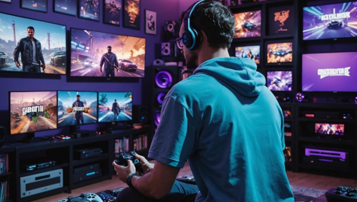 GTA 6 revoluciona los rankings: ¿Por qué GTA V vuelve a triunfar y Red Dead Redemption 2 cae? A photorealistic editorial-style image of a modern gamer surrounded by retro and current-gen consoles, intently watching the GTA 6 trailer on a large screen, with a PlayStation controller in hand. The room is filled with gaming posters, ambient LED lighting in blue and purple hues, and shelves packed with game cases. The main subject is centered and in sharp focus, exuding excitement and surprise while other games like Red Dead Redemption 2 and Star Wars Battlefront II are subtly visible on nearby screens or cases in the background.