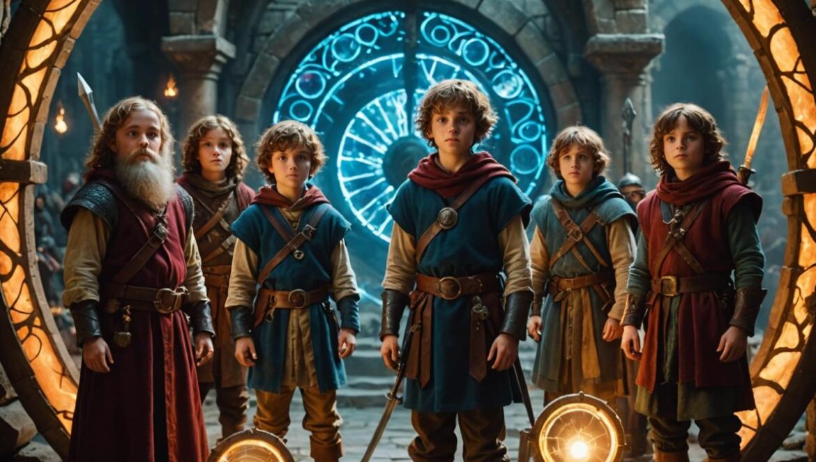 Time Bandits: la joya fantástica de Terry Gilliam que aún inspira a Stranger Things y Rick & Morty A lively editorial-style image of a young boy and a group of quirky dwarves in colorful costumes standing before a glowing, swirling time portal. The scene features period props from different eras (medieval swords, futuristic gadgets), with a backdrop blending ancient ruins and sci-fi elements. The main subjects are well-centered and in sharp focus, expressions full of wonder and mischief. Warm cinematic lighting with playful shadows. Vibrant, immersive atmosphere.