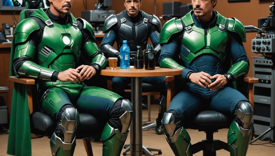 Robert Downey Jr. y Pedro Pascal: la dupla inesperada que redefine Marvel entre diversidad, química real y hype global Robert Downey Jr. and Pedro Pascal, dressed as Victor Von Doom and Reed Richards respectively, sitting together on a modern film set, photorealistic editorial style, relaxed atmosphere with bright studio lighting, visible camera equipment and movie posters in the background, both actors centered and in sharp focus, friendly interaction captured naturally.