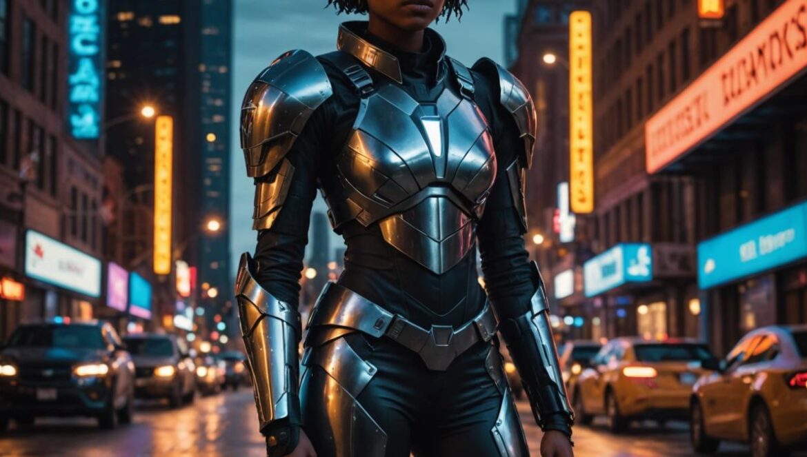 Ironheart llega con retraso… pero dispuesta a romper las reglas del MCU A confident young Black woman in futuristic metal armor stands at the center of a gritty, neon-lit Chicago street at dusk, photorealistic editorial style. She holds a helmet under her arm, city lights reflecting on the sleek suit, with subtle magical runes glowing alongside high-tech elements. Moody urban vibe, main subject sharply focused and centered, vibrant yet realistic color palette, clean background with hints of Marvel universe iconography.