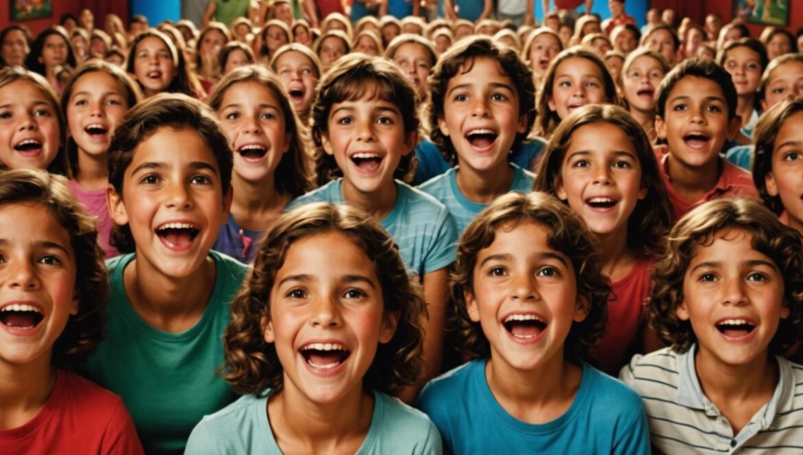 ‘Padre no hay más que uno 5’: el ritual veraniego que llena salas sin conquistar corazones A bustling Spanish movie theater packed with diverse families, children fidgeting in their seats, parents with popcorn buckets, and a large screen showing a colorful scene from a family comedy. Editorial photorealistic style, lively evening mood, the main focus on a group of children laughing and one looking bored in the center. Subtle movie posters in the background, crisp details on faces and expressions, warm lighting.