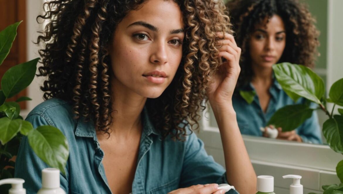 ¿Usas mal la espuma para rizos? El truco olvidado que lo cambia todo A young Latina woman with naturally curly hair, applying mousse to her damp hair in front of a bathroom mirror, editorial photorealistic style, soft morning light, lush green plants and wellness books in the background, mousse bottle clearly visible and the woman's hands scrunching her curls upwards, centered and in sharp focus, tidy and inviting setting.