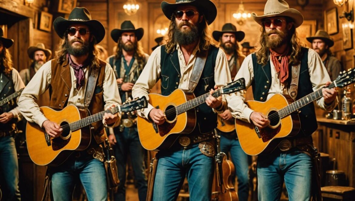 El cameo secreto de ZZ Top en Regreso al Futuro III que casi nadie vio Three iconic rock musicians dressed as cowboys with long beards and sunglasses, performing with vintage instruments in a lively Old West party scene. Editorial photorealistic style, warm lighting reminiscent of a saloon, vibrant crowd dancing in period costumes, clear focus on the band at the center, festive and nostalgic mood, detailed props like cowboy hats and classic guitars.