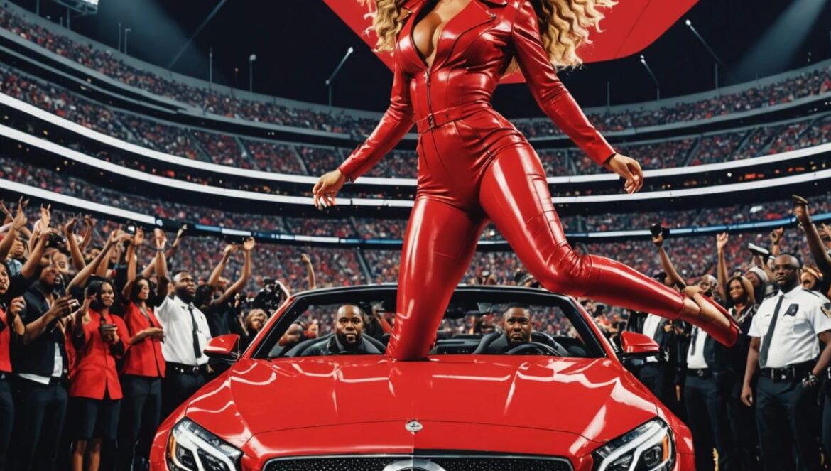 Cuando Beyoncé gritó “Stop”: el día que el show sí tuvo que parar Beyoncé onstage at Houston's NRG Stadium, mid-air in a glamorous red convertible prop, the car visibly tilting as cables hold it aloft, dramatic stadium lighting, thousands of stunned fans below, photorealistic editorial style, vibrant but tense atmosphere, Beyoncé centered and in sharp focus gripping the car's edge, security staff looking up with concern.