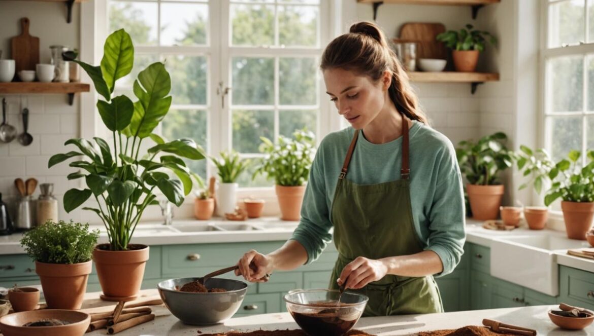 El verano y las formigas: los trucos naturales que SÍ funcionan (sin intoxicar tu casa) A photorealistic editorial image of a bright, stylish kitchen with green plants, natural sunlight streaming in. At the center, a young woman in casual home attire gently sprinkles diatomaceous earth near a discreet ant trail along the windowsill. A jar of coffee grounds and a cinnamon stick are neatly placed on the counter. The atmosphere is fresh and serene, with clear focus on the main action and subject, clean background, realistic details.
