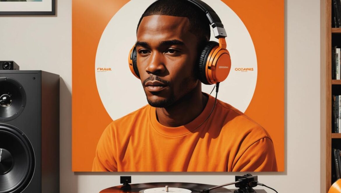 ¡Frank Ocean rompe Internet: Channel Orange en vinilo y más sorpresas! A photorealistic editorial-style image featuring a well-centered, vibrant vinyl record of Frank Ocean's 'Channel Orange' displayed on a stylish turntable, with sleek packaging and the iconic orange color scheme. Ambient natural lighting, subtle musical props like headphones and album art in the background. Modern, upscale living room setting with a youthful, excited fan handling the vinyl, main subject clearly centered and in sharp focus.