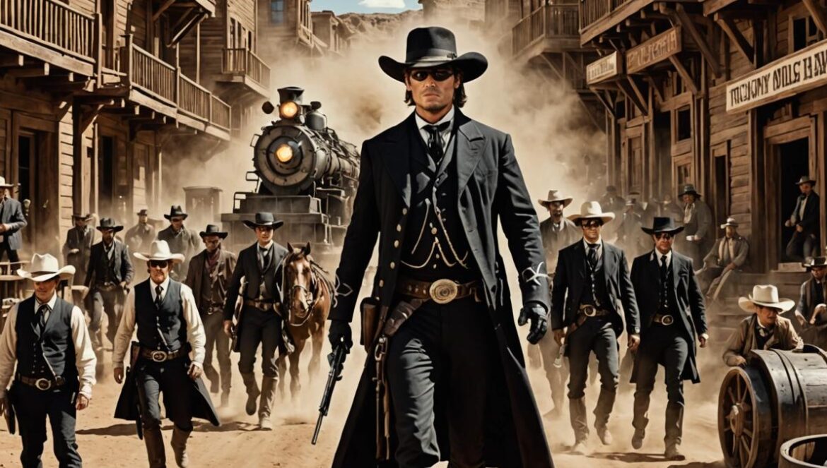 The Lone Ranger: el western que costó una fortuna… y hundió a Disney A dramatic movie set from 'The Lone Ranger', with a massive old-west train in motion, crew members bustling around, director with megaphone in hand, and actors Johnny Depp and Armie Hammer in full costume at center. Photorealistic editorial style, bright midday lighting, authentic period details like dusty landscape and wooden buildings. Main subjects (Depp and Hammer) sharply centered, focused expressions. Professional film equipment visible but not distracting. Vibrant, energetic atmosphere.