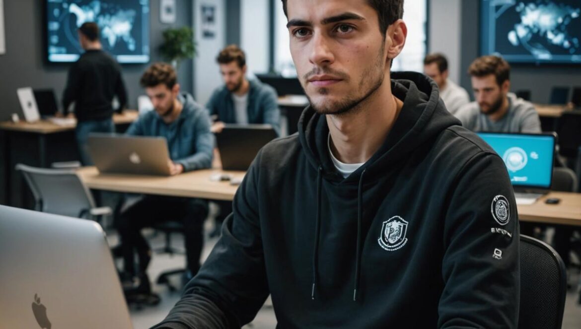 Alcasec y el dilema hacker: talento, riesgo y privacidad en la era digital A young Spanish hacker in his 20s, seated confidently at the center of a modern coworking office in Madrid, photorealistic editorial style, surrounded by laptops and municipal app mockups on screens. The lighting is cool and crisp, suggesting a tense yet professional atmosphere. The subject is sharply in focus, with city emblems subtly visible in the background for context. Clean and contemporary environment.
