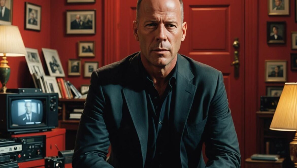 Bruce Willis, center-framed and in sharp focus, sitting in a dimly lit movie set reminiscent of 'The Sixth Sense', wearing a thoughtful expression, surrounded by iconic props from the film (a red door, scattered scripts), photorealistic editorial style, cinematic mood with soft spotlighting, background subtly blurred to highlight Willis as the main subject.