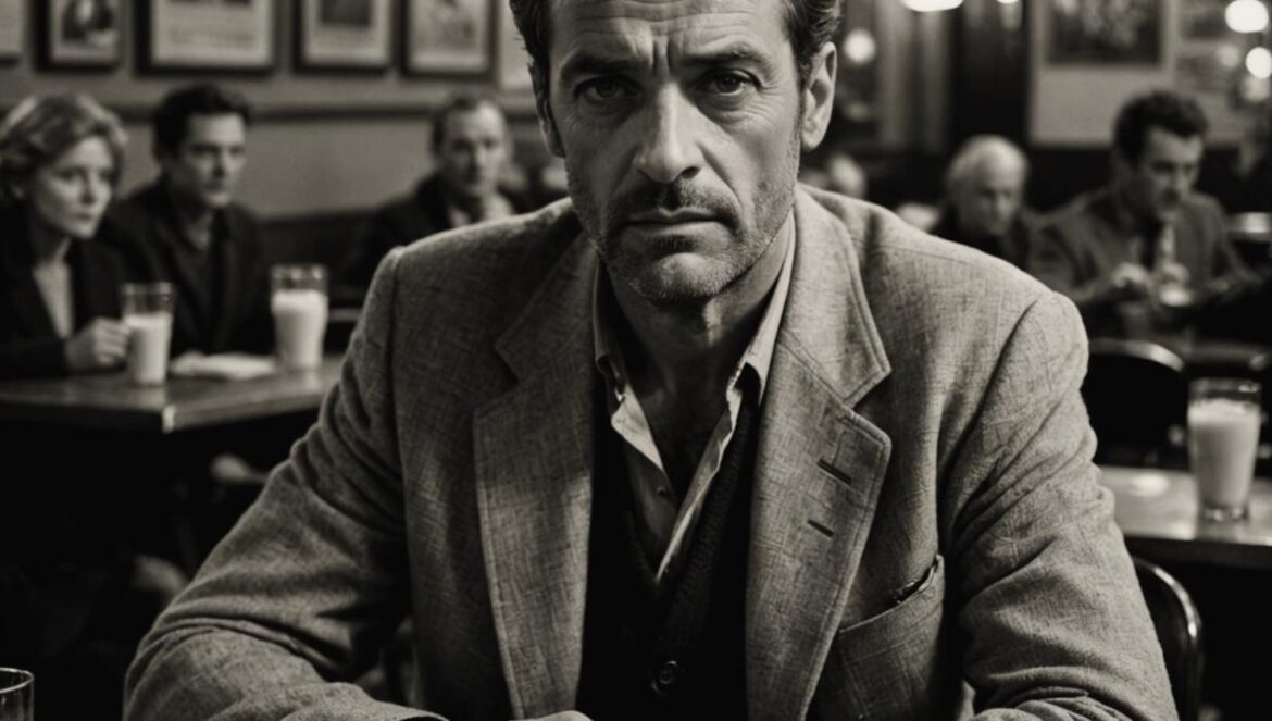 Gérard Lanvin: el último lobo del cine francés que no se calla nada A middle-aged French actor with intense eyes and a rugged presence sits at a café table covered with old movie scripts and black-and-white photos, editorial style, warm lighting. The background shows classic French film posters. The main subject is clearly centered and in sharp focus, exuding charisma and defiance.