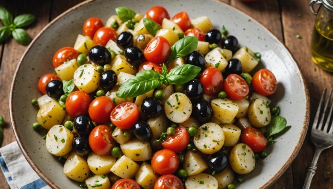 El flechazo gaditano con la ensalada pantesca: la receta siciliana que conquista Cádiz este verano A vibrant, photorealistic editorial image of a Mediterranean potato salad (ensalada pantesca) as the main subject, centered on a rustic wooden table. The salad is composed of juicy tomatoes, boiled potatoes, capers, black and green olives, and fresh basil leaves, all drizzled with olive oil. Warm daylight streams in from the side, creating a summery and inviting atmosphere. The focus is sharp on the colorful salad bowl placed in the center, with traditional Spanish ceramic utensils nearby and sprigs of fresh herbs surrounding it for an authentic touch.