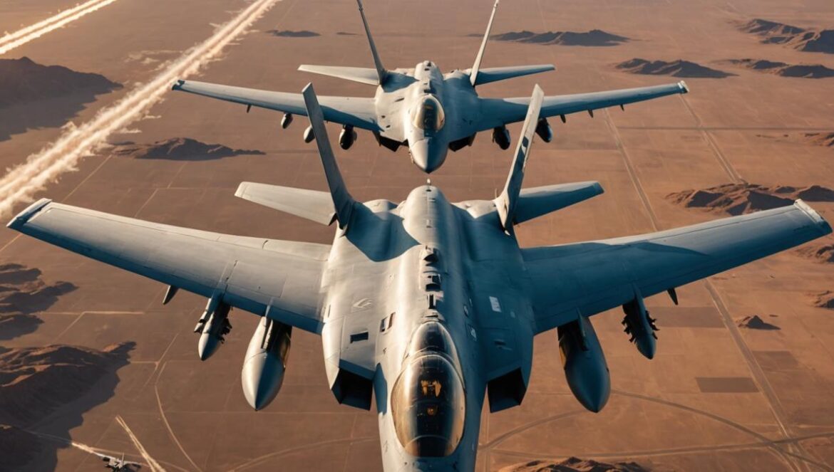 KC-135 Stratotanker: el avión invisible que sostiene todo el poder aéreo de EE.UU. A massive KC-135 Stratotanker refueling an F-22 fighter jet mid-air over a desert, photorealistic editorial style, dramatic sunrise lighting, clear view of the flying boom in action, both aircraft centered and sharply focused, with cockpit crews visible and military insignia, minimal background distractions for emphasis.