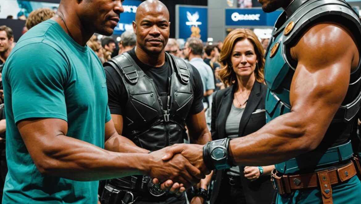 De Stargate a God of War: el viaje brutal de Christopher Judge hasta convertirse en Kratos Christopher Judge at a bustling gaming and sci-fi convention, center-focused, shaking hands with fans and signing Stargate SG-1 memorabilia, photorealistic editorial style, bright and warm lighting, fans cosplaying as Teal'C and Kratos visible in the background, vibrant energy, main subject well-centered and in sharp focus.