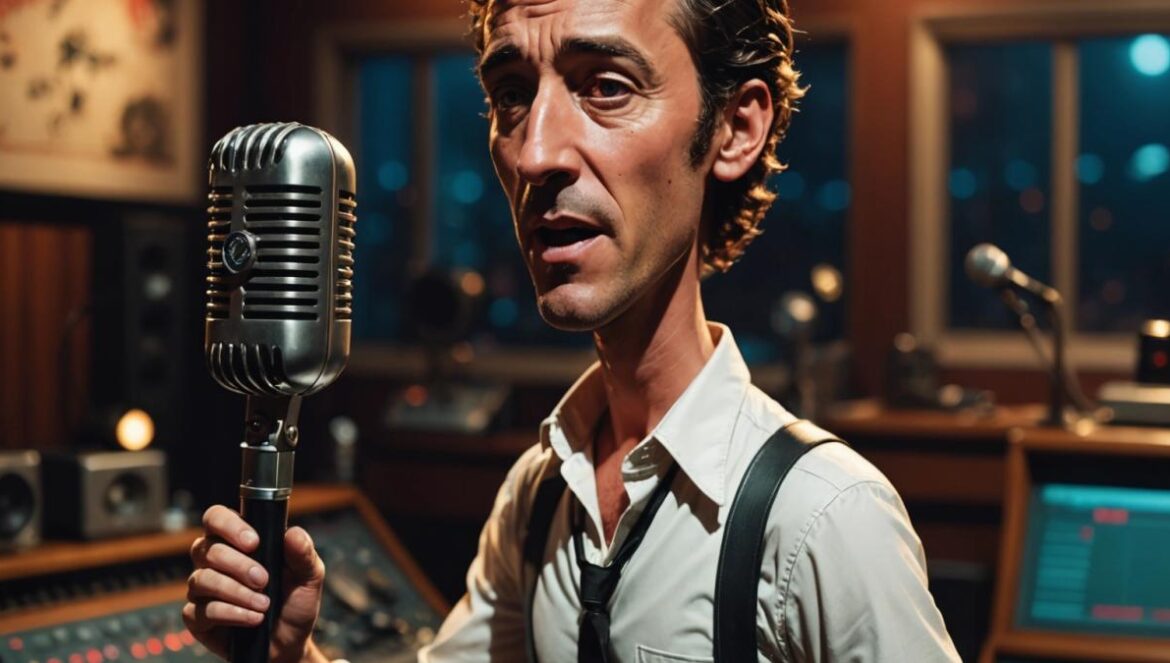Jeremy Allen White como Bruce Springsteen: el biopic que puede romper el molde Jeremy Allen White dressed as Bruce Springsteen, performing passionately with a vintage microphone in a dimly lit recording studio, photorealistic editorial style, intense yet nostalgic mood, surrounded by retro music equipment and analog tapes, the main subject perfectly centered and in sharp focus.