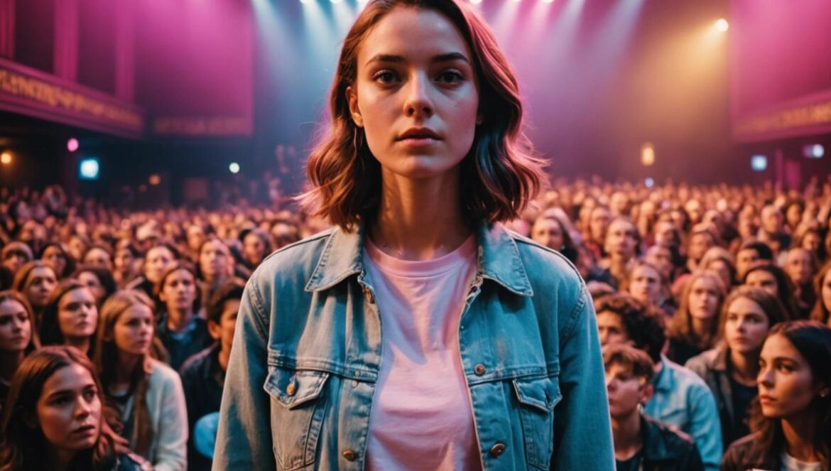 PinkPantheress: la artista TikTok que convierte su gira en evento pop imperdible A young woman with distinct UK street style (PinkPantheress) standing center stage under colorful spotlights, in a photorealistic editorial style. The theater is filled with excited diverse fans, some holding phones and merchandise. Vibrant atmosphere with moody lighting, sharp focus on the main subject at center, clean background with hints of iconic concert hall architecture.