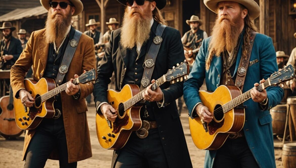 ¿Lo viste? ZZ Top rockeó en Volver al Futuro III disfrazados de banda del Oeste ZZ Top dressed in Old West costumes performing on a western movie set, photorealistic editorial style, center-focused shot of the three band members with long beards and vintage instruments, lively festival mood, warm natural lighting reminiscent of a classic western town, audience in period attire enjoying the music, sharp focus on the band at the center, clean and detailed background evoking the Back to the Future III film aesthetic.