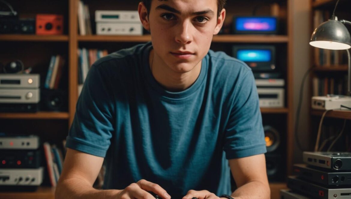 ¿Por qué bajamos el volumen en los momentos más difíciles de un videojuego? La ciencia tiene la respuesta A focused young gamer in his cozy, tech-filled apartment, pausing his game with a game controller in hand, lowering the volume on a retro-style stereo, photorealistic editorial style, soft evening lighting, surrounded by vintage and modern gaming consoles, main subject centered and sharply in focus, background featuring shelves of games and memorabilia for an authentic gaming vibe.