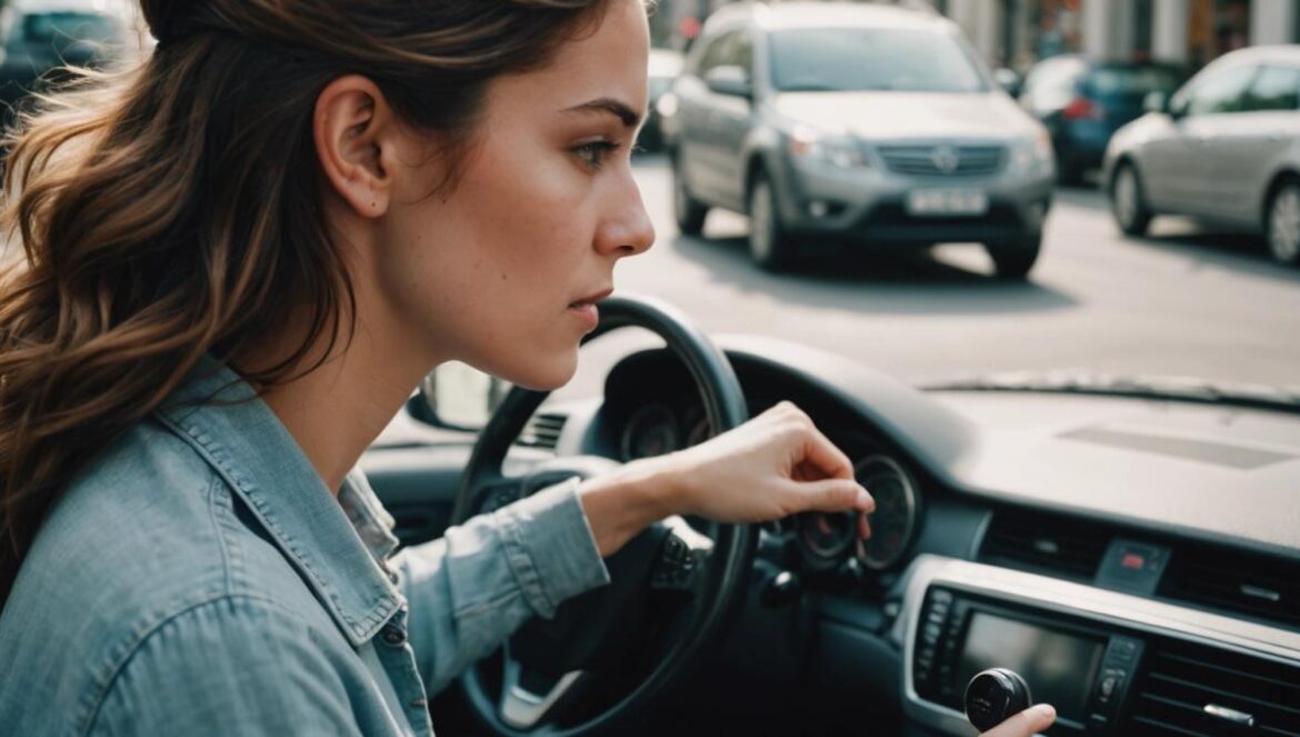 El ritual de bajar la música al aparcar: lo que revela la neurociencia sobre tu concentración A young woman parking her car in a busy urban setting, her hand reaching to lower the volume on the car radio, photorealistic editorial style, focused and calm expression, daylight with natural lighting, dashboard and plants visible inside, main subject well-centered and sharply focused for a modern lifestyle feature.