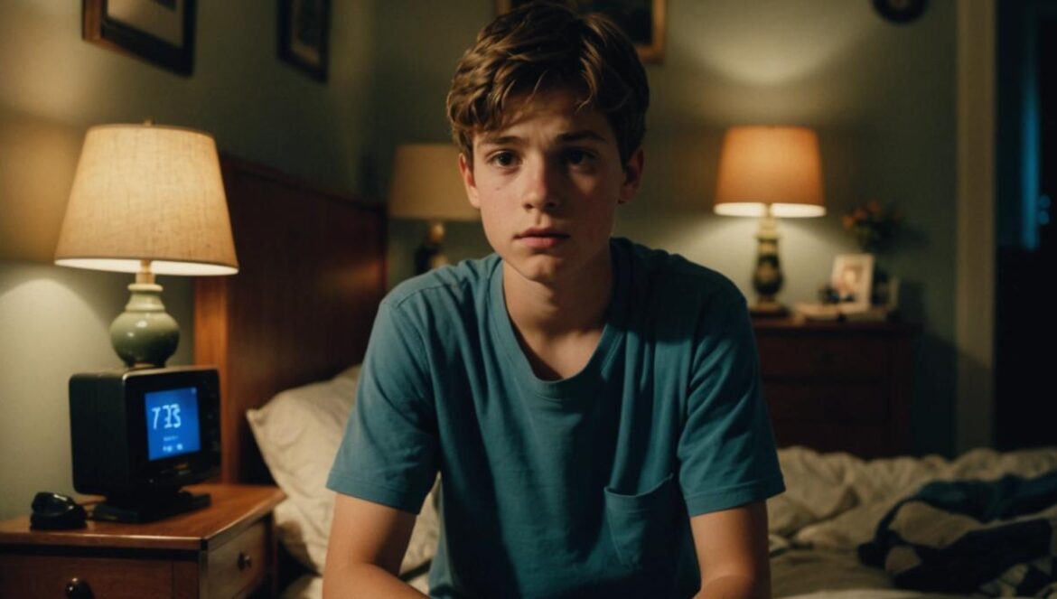 Vivir tras un robo violento: el trauma invisible que afecta a toda la familia A teenage boy sitting on the edge of his bed at night, looking anxious, with a worried parent checking a home alarm system in the background; photorealistic editorial style, soft moody lighting, subtle details like a security panel, modern French home interior, main subject (the boy) centered and in sharp focus, conveying vulnerability and family tension.