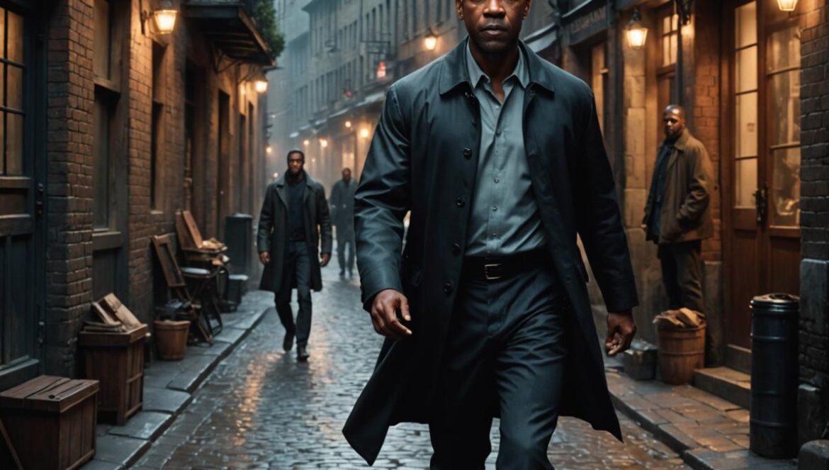 The Equalizer 3 en Netflix España: Denzel Washington convierte el thriller en una lección de tiempo, violencia y memoria Denzel Washington in an intense action pose as Robert McCall, centered in a dimly lit European alley at dusk, photorealistic editorial style, moody atmosphere with soft cinematic lighting, subtle details like rain-soaked cobblestones and Dakota Fanning standing behind him alertly, both subjects clearly in focus with dramatic shadows and a blurred city background.