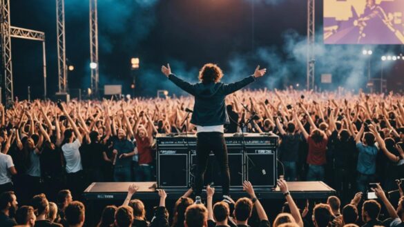 Turnstile performing live on a massive outdoor stage, photorealistic editorial style, energetic band members jumping and engaging with a diverse crowd, vibrant stage lights and banners displaying 'Never Enough', dusk lighting, audience in the foreground visibly excited, the band well-centered and in sharp focus.