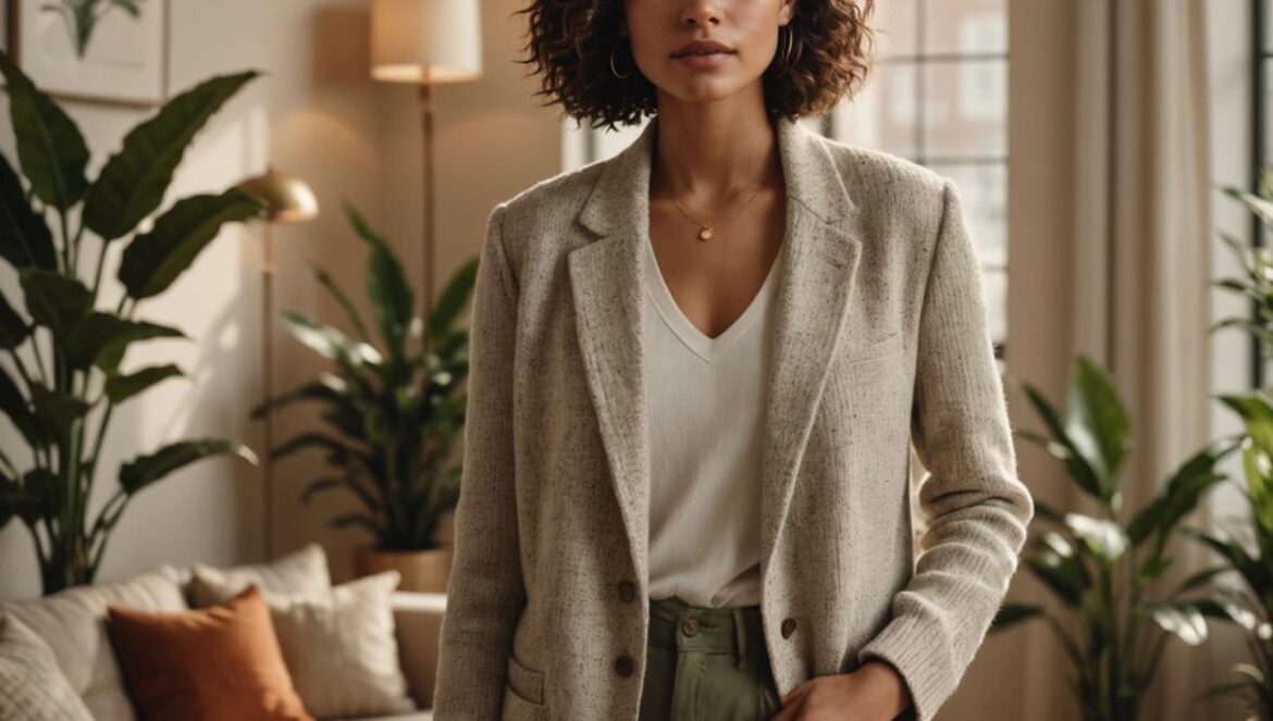 Textura es bienestar: el detalle invisible que transforma tu forma de vestir A stylish young Latina woman standing confidently in a sunlit modern apartment filled with lush plants and books, wearing a chic outfit mixing tailored linen pants with a chunky knit sweater, holding a textured blazer. Photorealistic editorial style, warm natural lighting, subtle decorative candles in the background, main subject well-centered and in sharp focus, conveying cozy sophistication.