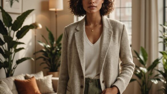 A stylish young Latina woman standing confidently in a sunlit modern apartment filled with lush plants and books, wearing a chic outfit mixing tailored linen pants with a chunky knit sweater, holding a textured blazer. Photorealistic editorial style, warm natural lighting, subtle decorative candles in the background, main subject well-centered and in sharp focus, conveying cozy sophistication.