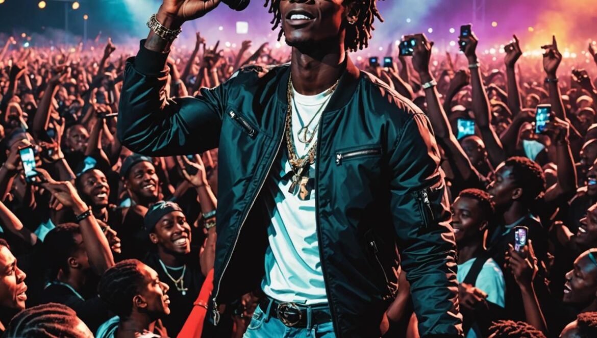 Young Thug rompe el silencio en Chicago: disculpas, feats explosivos con Travis Scott y T.I., memes virales y el inicio de su era Uy Scuti Young Thug performing on stage at a packed outdoor music festival in Chicago, photorealistic editorial style, night setting with dramatic stage lights, Young Thug center stage in vibrant streetwear, surrounded by excited fans with phones raised, Travis Scott and Ken Carson joining on stage, energetic mood with strobe lighting effects and crowd surfing moment in sharp focus.