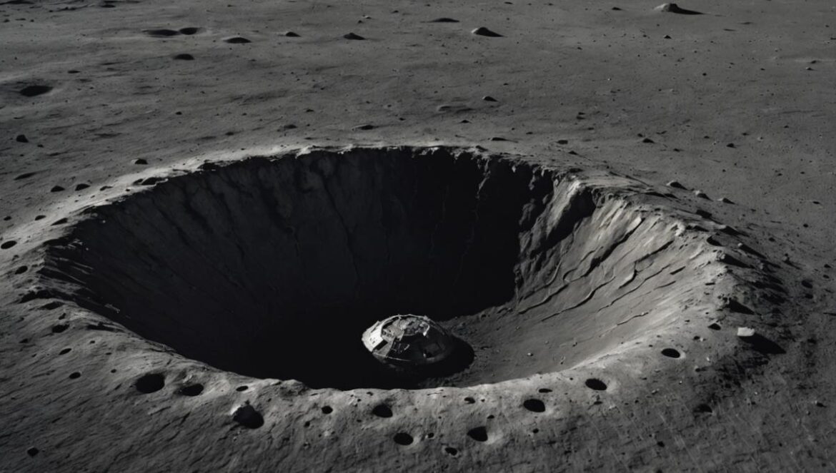 El tesoro oculto de la Luna: ¿vale un billón… y es nuestro próximo oro? A close-up editorial-style photo of a lunar crater, centered and in sharp focus, with a realistic metallic shimmer along the edges suggesting precious metals like platinum and iridium. The background shows a dark starry sky, subtle Earth visible on the horizon. Mood is futuristic yet grounded, clean lighting highlighting the textures of lunar soil and embedded minerals. No astronauts or vehicles present—focus entirely on the crater and mineral gleam.