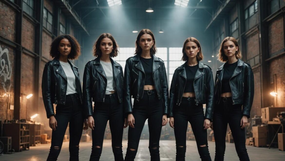¿Por qué “Icarus” de ARTMS conmueve y desafía todo lo visto en el K-pop? Five stylish young women in contemporary, edgy fashion, standing together in an industrial warehouse with dramatic lighting, mid-movement as if rising or taking flight, surrounded by digital screens and subtle mythological symbols. Photorealistic editorial style, mood is hopeful yet intense, clear focus on the group's unity at center, with shadows and cityscape glimpses in the background.
