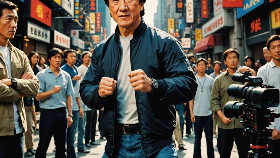 Jackie Chan en Karate Kid: Leyendas—¿Puede seguir sorprendiendo tras 64 años de artes marciales? Jackie Chan, center-focused, on a modern movie set during the filming of an action scene for Karate Kid: Leyendas, photorealistic editorial style, dramatic lighting with spotlights highlighting Jackie in mid-motion, casual but determined expression, surrounded by film crew and martial arts props, urban New York backdrop blurred for emphasis, main subject sharp and well-lit.