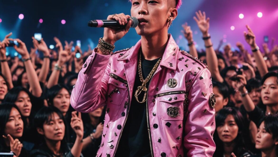 G-Dragon y 2NE1 reviven el alma del K-pop en Head in the Clouds 2025 G-Dragon on stage at Head in the Clouds 2025, center stage, photorealistic editorial style, dramatic lighting with colorful LED screens behind him, crowd waving branded light sticks in foreground, G-Dragon wearing a lion-embroidered Gucci jacket and pink spiked hair, intense festival energy with fans in awe, main subject clearly centered and in sharp focus, clean stage background.