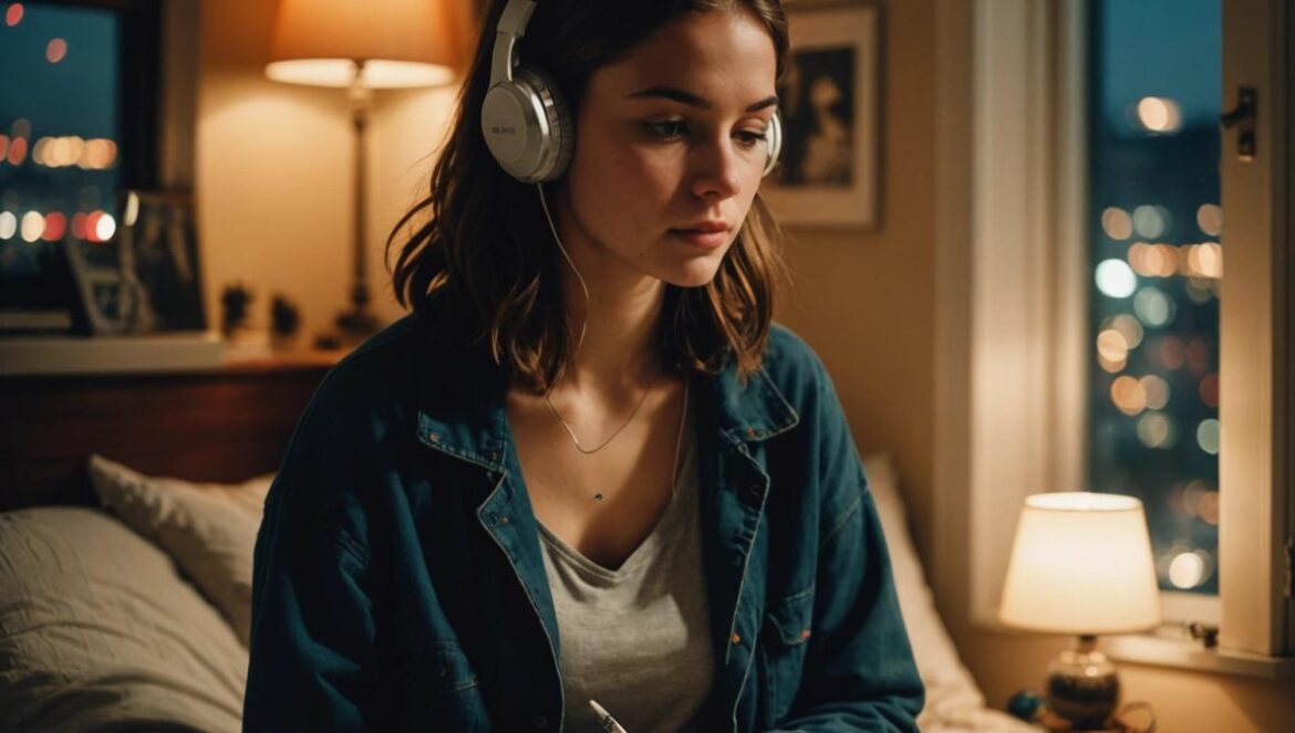 El lado oculto de la felicidad: ‘Happy? Hmm’, la playlist viral que convierte la ambigüedad emocional en himno generacional A young woman with headphones, sitting on her bed at night, soft city lights outside the window, deep in thought while holding a journal, photorealistic editorial style, subtle warm lighting with hints of melancholy, headphones and a smartphone visible, main subject centered and in sharp focus, cozy room with vinyl records scattered around.