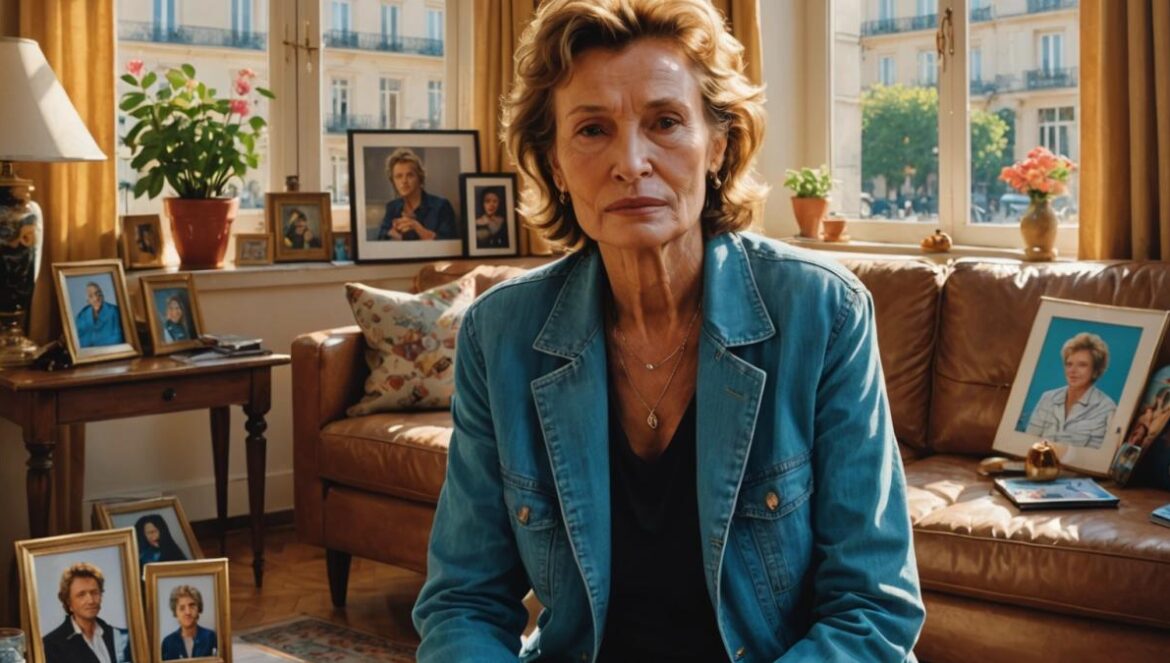 A woman in her early fifties sits quietly in a sunlit Parisian living room filled with family photos and mementos, holding two teenage girls' hands. The mood is reflective yet warm, editorial photorealistic style, natural daylight streaming through large windows. In the background, there's a framed portrait of Johnny Hallyday and subtle hints of Vietnamese culture (like a small child's toy or book on a nearby table), suggesting an unfulfilled adoption. All subjects are centered and in sharp focus, evoking deep emotion and connection.